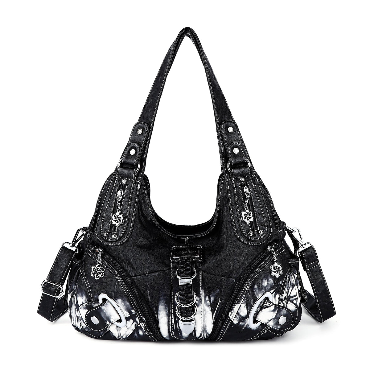 Vintage Large Capacity Multi-Pocket Hobo Shoulder Bag with Rivet Details