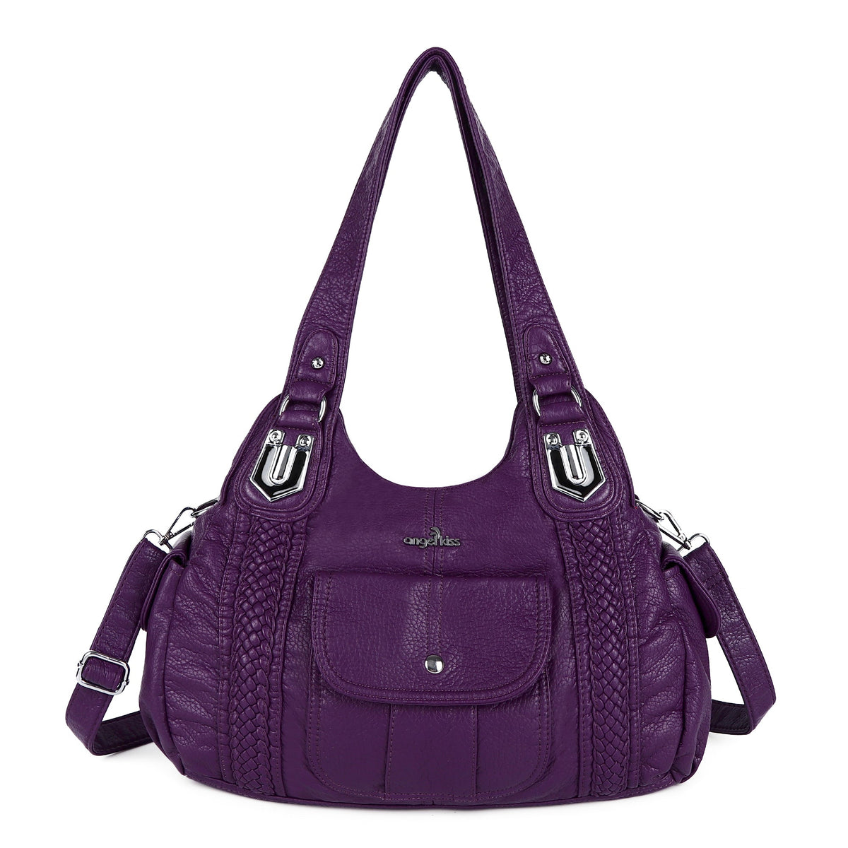 Woven Trim Washed Vegan Leather Hobo Bag