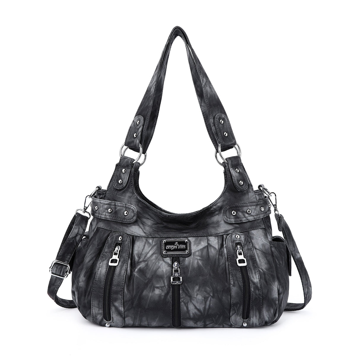 Washed Multi-Zip Hobo Shoulder Bag