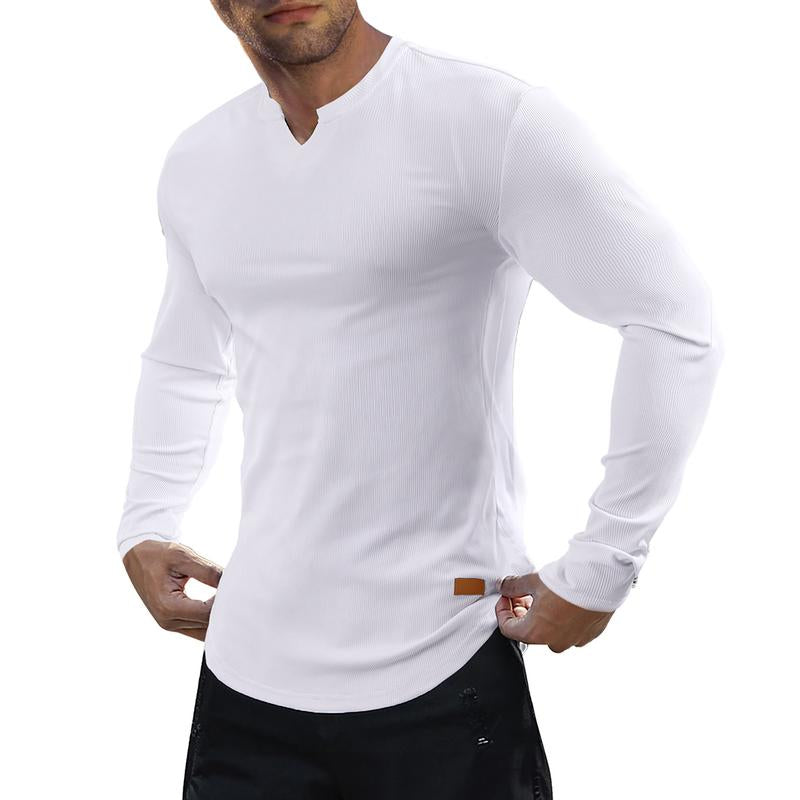 V-Neck Longline Ribbed Tees Shirts Long Sleeve Gym Workout Athletic Menswear Tops