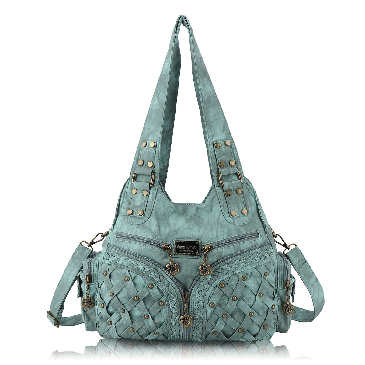 PU Studded Braided Multi-Pocket Hobo Bag