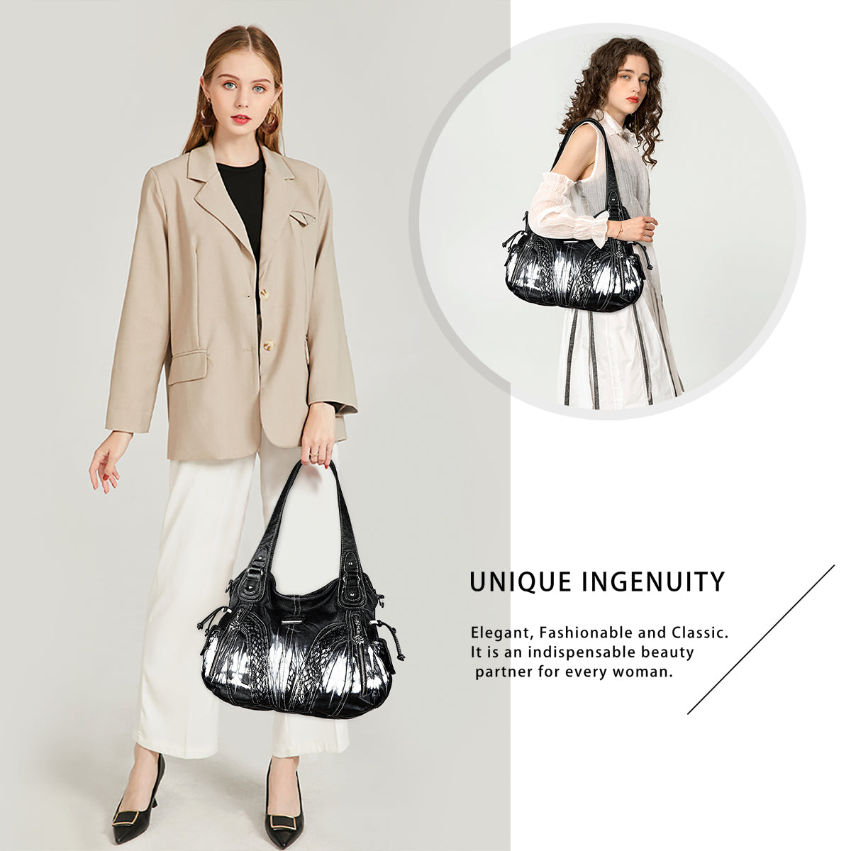 Washed Vegan Leather Braided Multi-Pocket Shoulder Bag