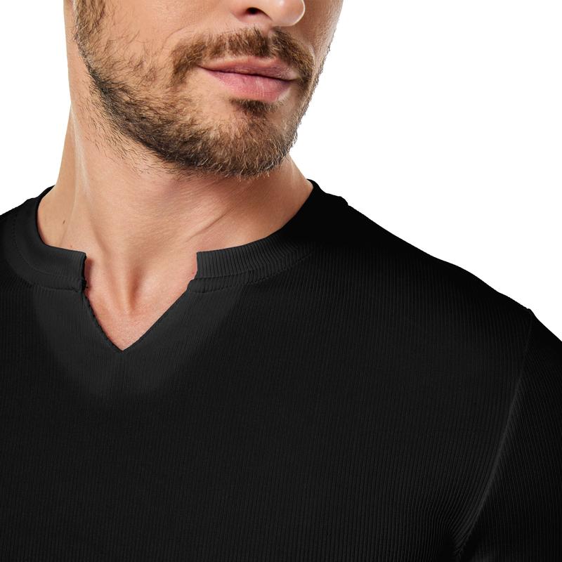 V-Neck Longline Ribbed Tees Shirts Long Sleeve Gym Workout Athletic Menswear Tops