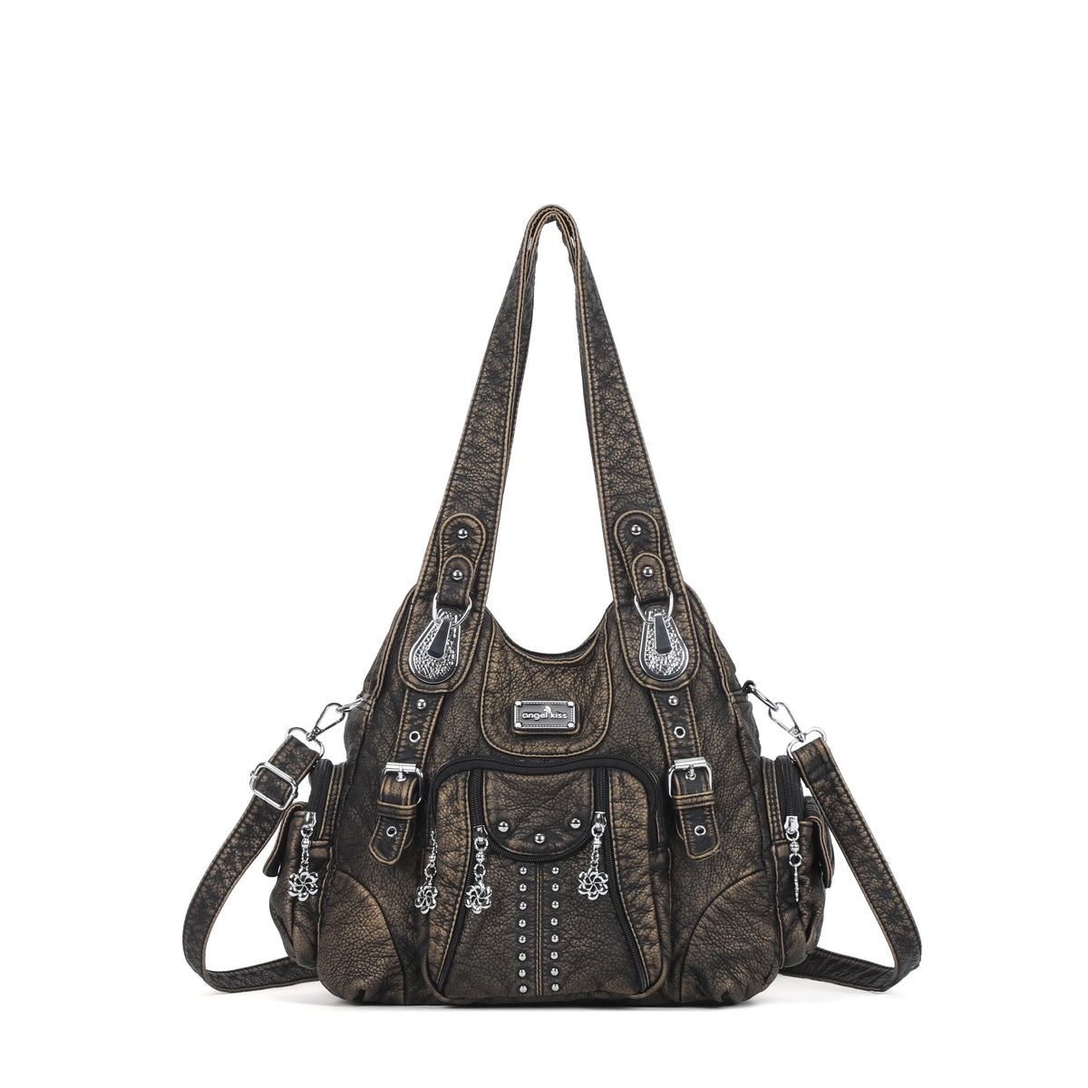 Washed Leopard Print Vintage Multi-Pocket Shoulder Bag for Women