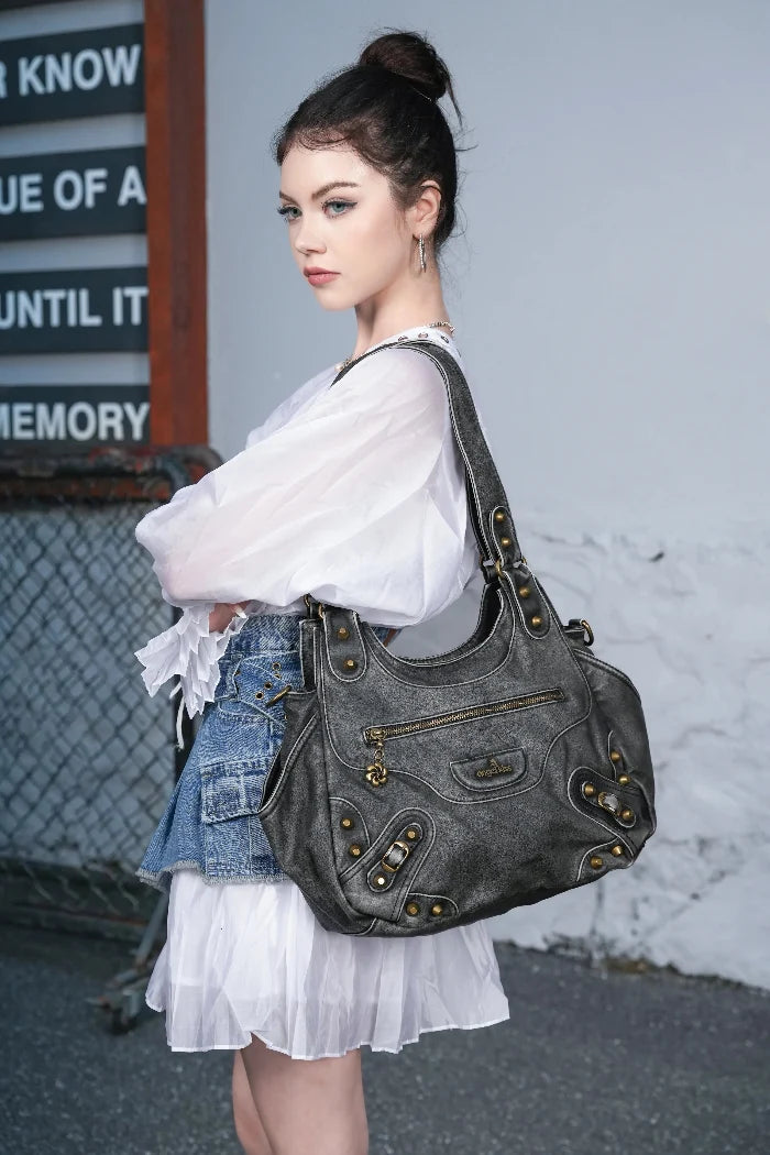 Minimalist Retro-Style Vegan Leather Bag with Stud Details and Large Capacity
