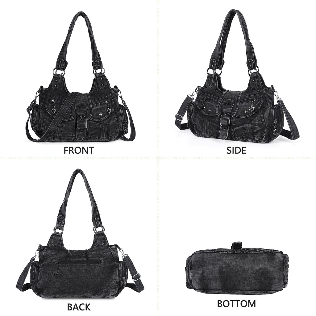 Black Washed Denim Multi-Pocket Hobo Shoulder Bag for Women