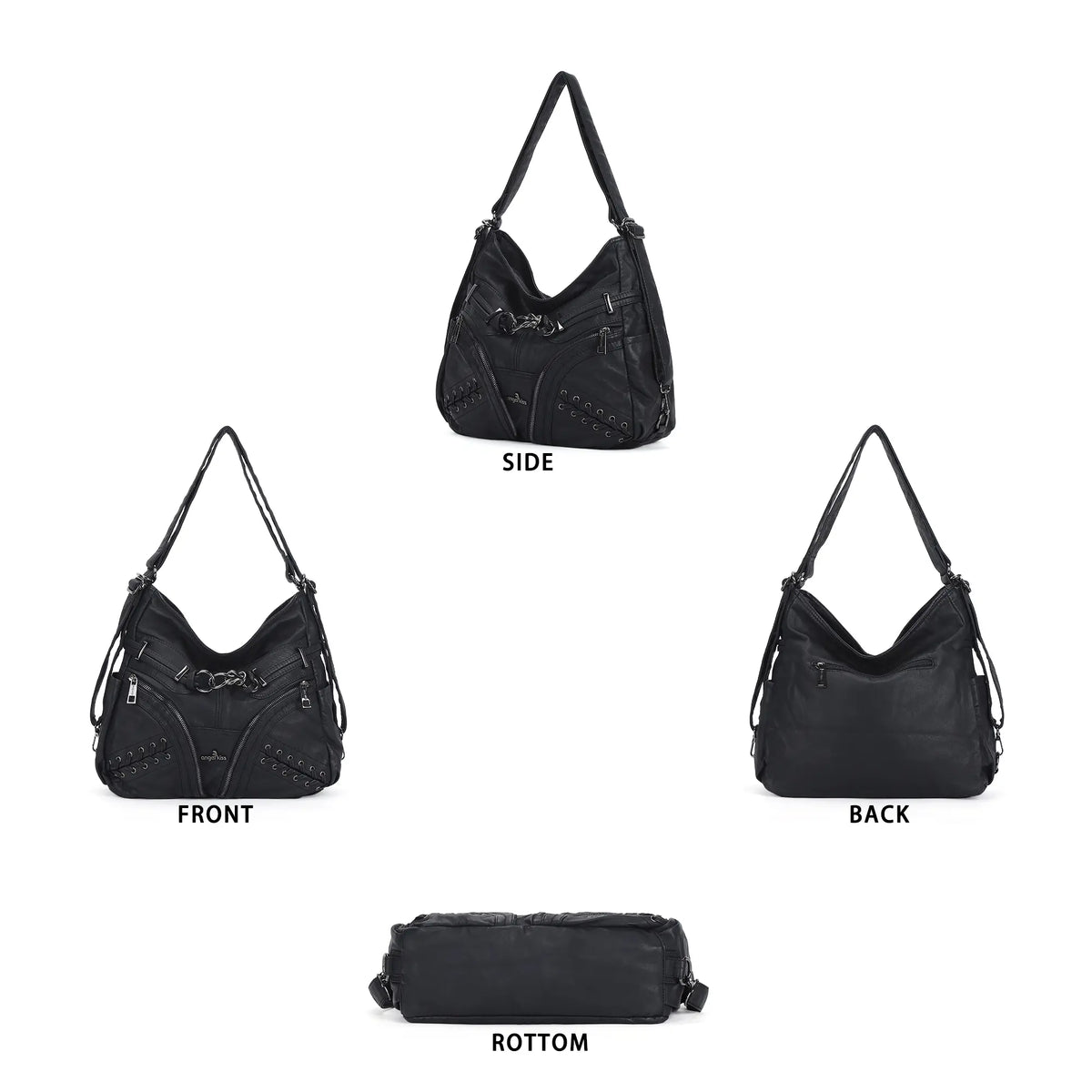 Diagonal Zipper Rivet Hobo Shoulder Bag