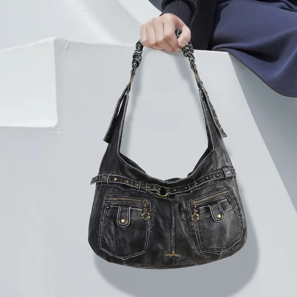 Vintage Vegan Leather Handbag – Multi-Pocket Shoulder Tote