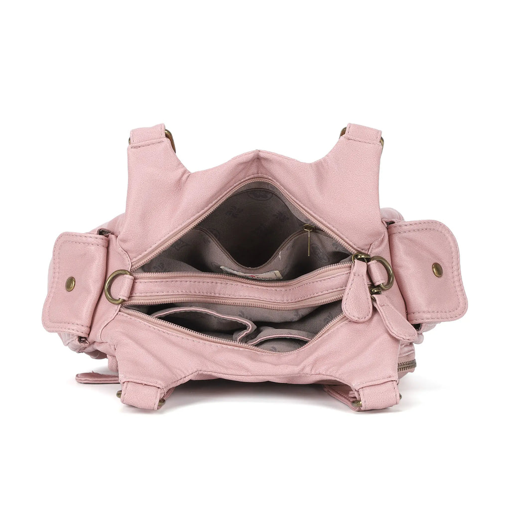 Tie-Dye Pink Multi-Pocket Vegan Leather Shoulder Tote Handbag