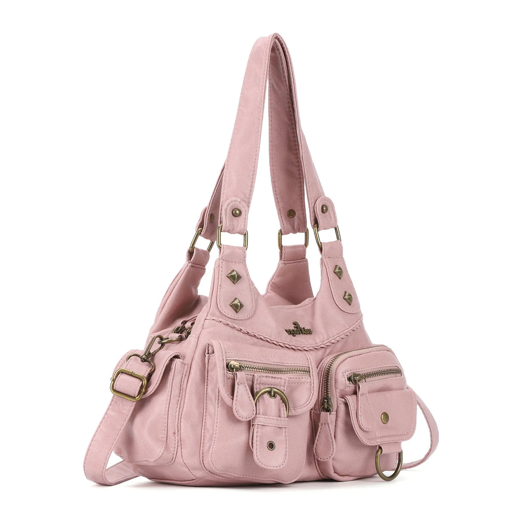 Tie-Dye Pink Multi-Pocket Vegan Leather Shoulder Tote Handbag